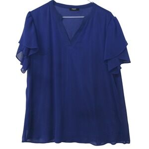 Lotusmile Blue Ruffle Sleeve V Neck Sheer Blouse Top XL